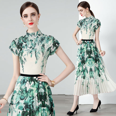 Stunning Splendid Autumn Print Stretchable Two-Piece Set, Mock Neck Top + Pleated Long Skirt, Holiday Chic Casual & Formal Women Dress