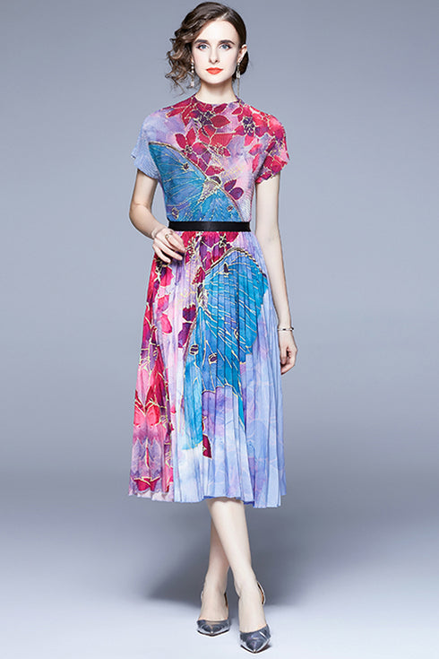 Splashy Vibrant Autumn Fashion Floral 2-Pcs Set, O-Neck Top + Pleated Skirt, Stretchable Fabric, Trendy Office, Holiday, Evening Women Dress