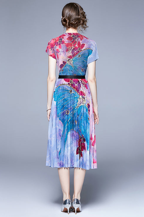 Splashy Vibrant Autumn Fashion Floral 2-Pcs Set, O-Neck Top + Pleated Skirt, Stretchable Fabric, Trendy Office, Holiday, Evening Women Dress