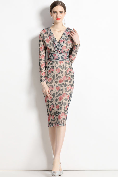 Vintage Designer Women's Elegant Pencil Dress, V-Neck Wedding Guest Vestidos