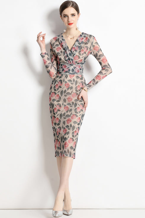 Vintage Designer Women's Elegant Pencil Dress, V-Neck Wedding Guest Vestidos