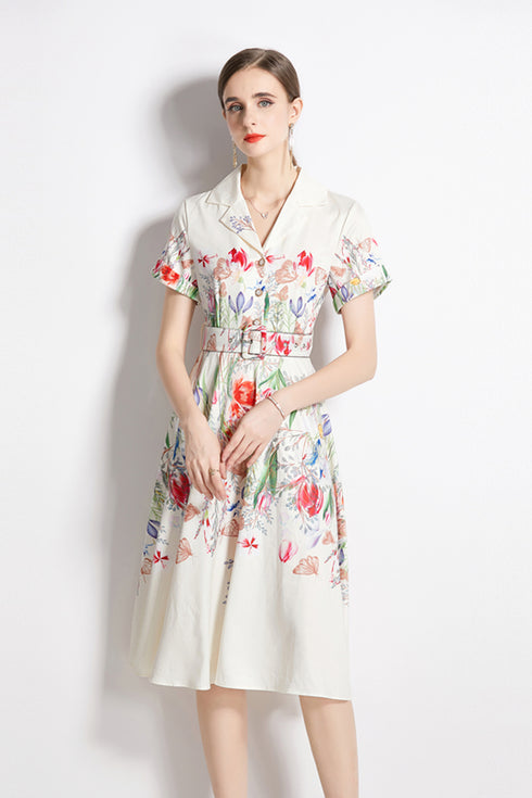 Vintage French Style Floral Print Notched Collar V-Neck, Short Sleeve, Button Up, Belted Office, Holiday, Party Vestidos