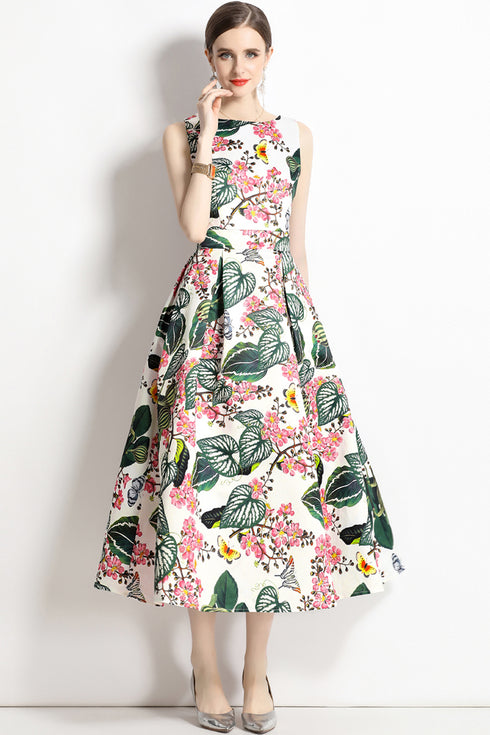 Enthralling & Captivating Vintage Floral Printed Flared, A-Line Formal, Cocktail, Wedding Guest, Party Quinceanera Dress
