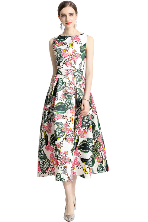 Enthralling & Captivating Vintage Floral Printed Flared, A-Line Formal, Cocktail, Wedding Guest, Party Quinceanera Dress