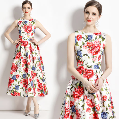 Vintage Fall Jacquard Floral Print, O-Neck, A-Line Flared Midi Cocktail Dress
