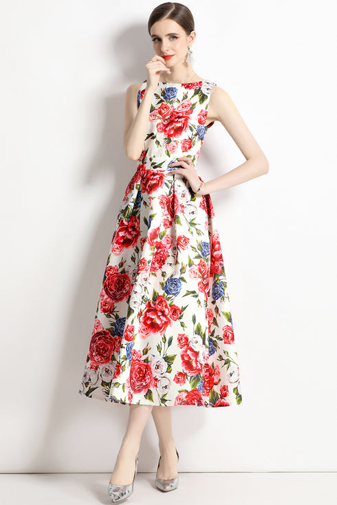 Vintage Fall Jacquard Floral Print, O-Neck, A-Line Flared Midi Cocktail Dress
