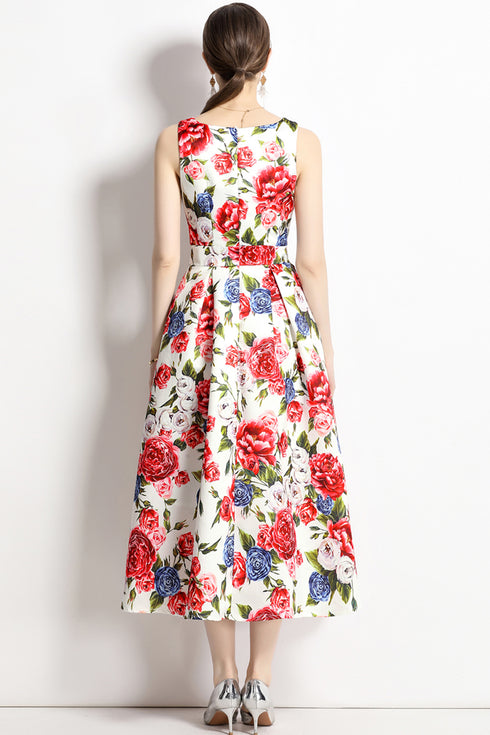 Vintage Fall Jacquard Floral Print, O-Neck, A-Line Flared Midi Cocktail Dress