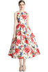 Vintage Fall Jacquard Floral Print, O-Neck, A-Line Flared Midi Cocktail Dress
