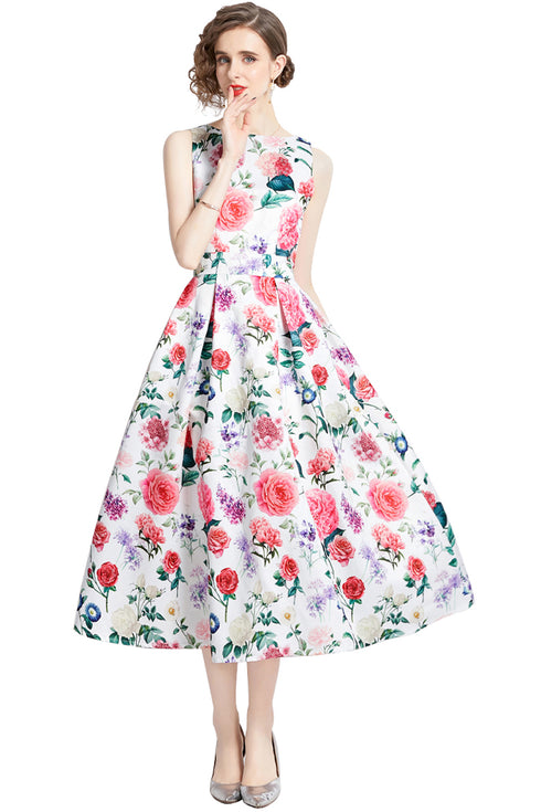 Elegantly Adorable Vintage Mesmerizing Floral Printed Flared, A-Line Party, Cocktail, Wedding Guest, Prom Quinceanera Dress