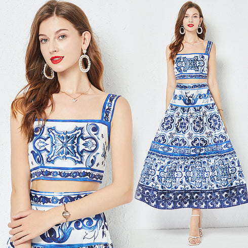 Runway Fashion Awe-inspiring Porcelain Pattern 2-Piece, Crop Camisole Top + High Waist A-Line Skirt, Holiday Beach Cute Maxi Skirt Dress