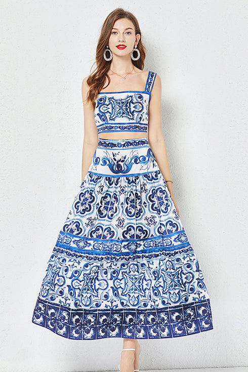 Runway Fashion Awe-inspiring Porcelain Pattern 2-Piece, Crop Camisole Top + High Waist A-Line Skirt, Holiday Beach Cute Maxi Skirt Dress