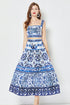 Runway Fashion Awe-inspiring Porcelain Pattern 2-Piece, Crop Camisole Top + High Waist A-Line Skirt, Holiday Beach Cute Maxi Skirt Dress