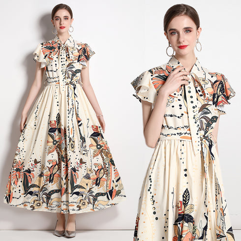 Runway Fashion Elegant Floral Print, Bow Neck, Big Swing Vintage Long Maxi Dress