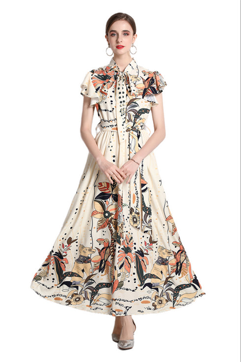 Runway Fashion Elegant Floral Print, Bow Neck, Big Swing Vintage Long Maxi Dress