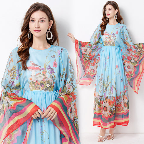 Romantic Flower Flowy Runway O-Neck, Flare Sleeve, Floral Print Bohemian Chiffon Maxi Dress