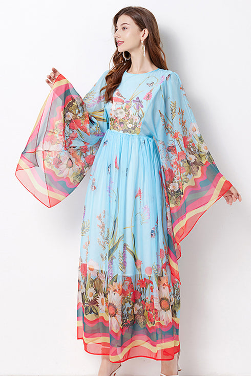 Romantic Flower Flowy Runway O-Neck, Flare Sleeve, Floral Print Bohemian Chiffon Maxi Dress