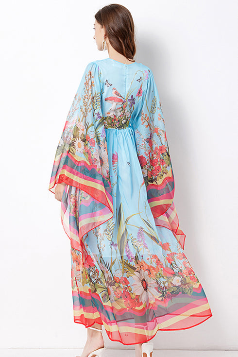 Romantic Flower Flowy Runway O-Neck, Flare Sleeve, Floral Print Bohemian Chiffon Maxi Dress