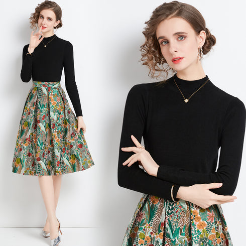 Chic & Elegant Fall 2-Pc Mock Neck Knitted Top + Floral Skirt, Office, Evening Dress