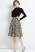 Chic & Elegant Fall 2-Pc Mock Neck Knitted Top + Floral Skirt, Office, Evening Dress