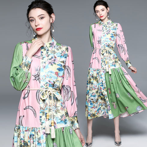 Designer Fall Enchanting Two-Toned Floral Printed Collared, Lantern Sleeve, Belted Chic Holiday, Party Stunning Maxi Long Dress For Women