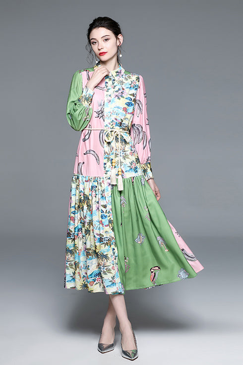 Designer Fall Enchanting Two-Toned Floral Printed Collared, Lantern Sleeve, Belted Chic Holiday, Party Stunning Maxi Long Dress For Women