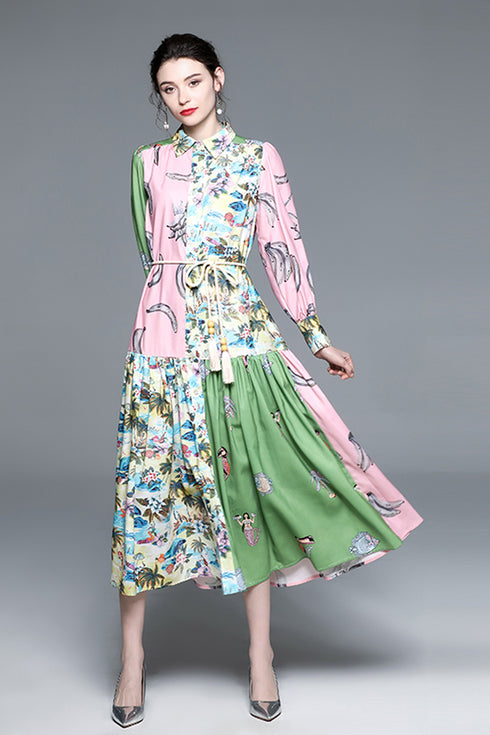 Designer Fall Enchanting Two-Toned Floral Printed Collared, Lantern Sleeve, Belted Chic Holiday, Party Stunning Maxi Long Dress For Women