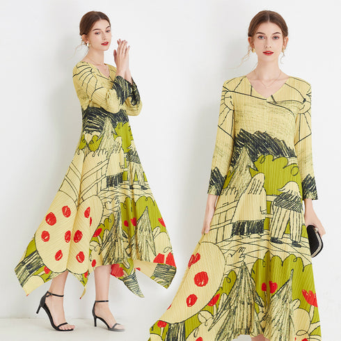 Striking Abstract Print Autumn V-Neck, Loose Swing, Pleated Fabric, Stretchable Women's Maxi Dress