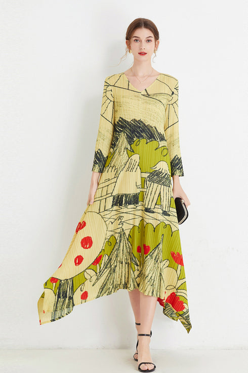 Striking Abstract Print Autumn V-Neck, Loose Swing, Pleated Fabric, Stretchable Women's Maxi Dress