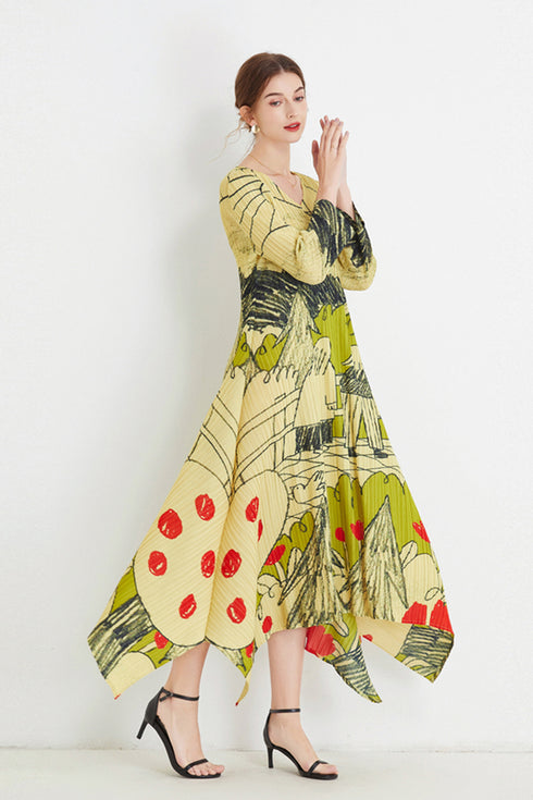 Striking Abstract Print Autumn V-Neck, Loose Swing, Pleated Fabric, Stretchable Women's Maxi Dress