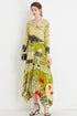 Striking Abstract Print Autumn V-Neck, Loose Swing, Pleated Fabric, Stretchable Women's Maxi Dress