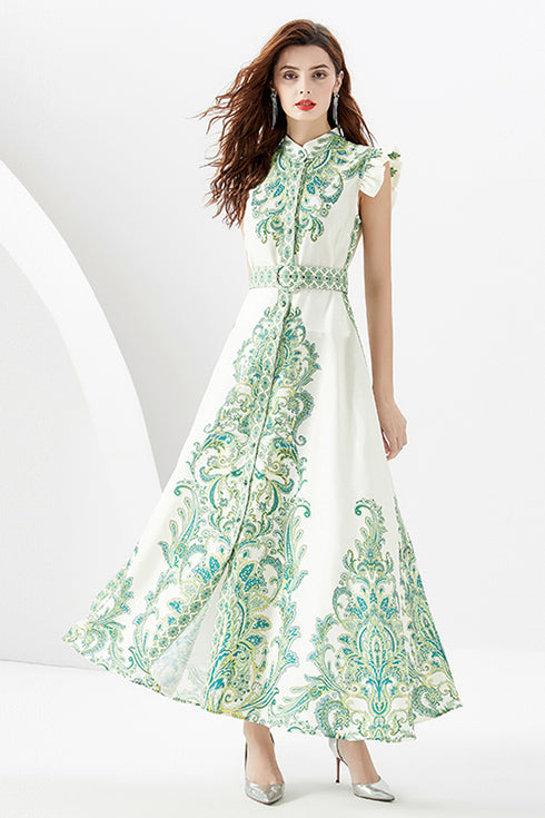 Elegant Autumn Captivating Paisley Pattern Stand-Up Collar, Belted, High Waist, A-line Split Women's Party, Festive Maxi Dress