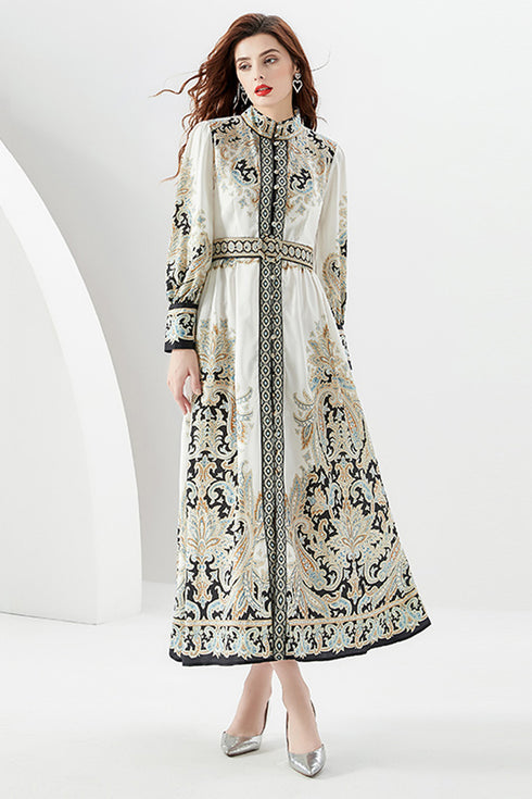 Classy Elegant Autumn Retro Paisley Pattern Stand-Up Collar, Belted, Long Sleeve, A-line Split Women Party, Wedding Guest Maxi Dress