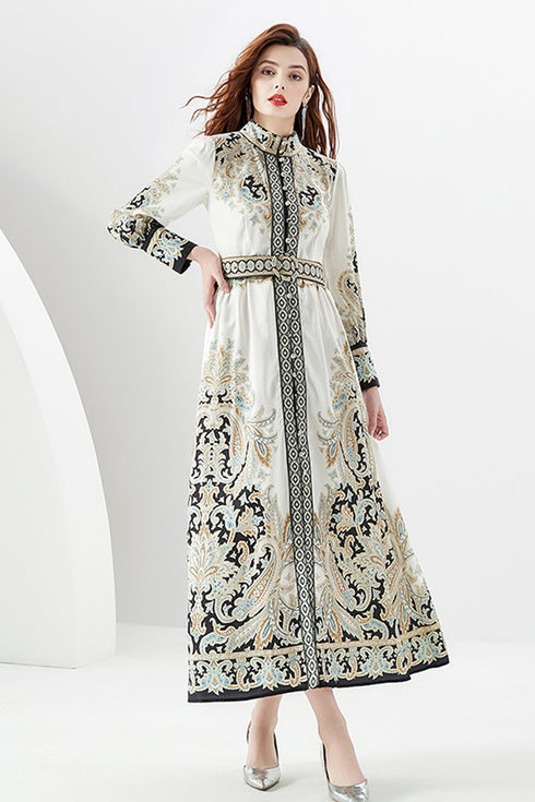 Classy Elegant Autumn Retro Paisley Pattern Stand-Up Collar, Belted, Long Sleeve, A-line Split Women Party, Wedding Guest Maxi Dress