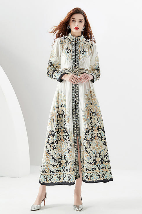 Classy Elegant Autumn Retro Paisley Pattern Stand-Up Collar, Belted, Long Sleeve, A-line Split Women Party, Wedding Guest Maxi Dress