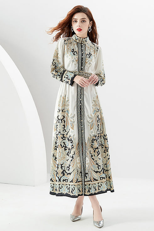 Classy Elegant Autumn Retro Paisley Pattern Stand-Up Collar, Belted, Long Sleeve, A-line Split Women Party, Wedding Guest Maxi Dress
