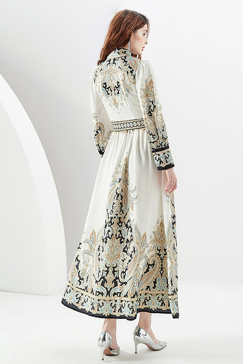 Classy Elegant Autumn Retro Paisley Pattern Stand-Up Collar, Belted, Long Sleeve, A-line Split Women Party, Wedding Guest Maxi Dress