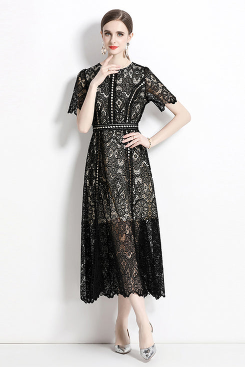 French-Style Adorable Black Crew Neck, Hollow Out Lace Exquisite Crochet Vintage Party, Cocktail, Wedding Guest Dress