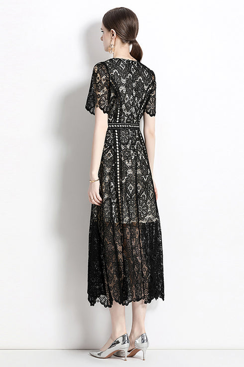 French-Style Adorable Black Crew Neck, Hollow Out Lace Exquisite Crochet Vintage Party, Cocktail, Wedding Guest Dress