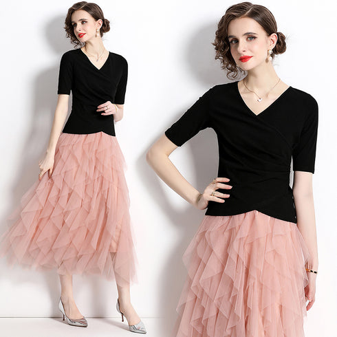 Runway Fashion 2-Pcs V-Neck Top With Cascading Ruffled Ankle Length A-line Skirt Dress