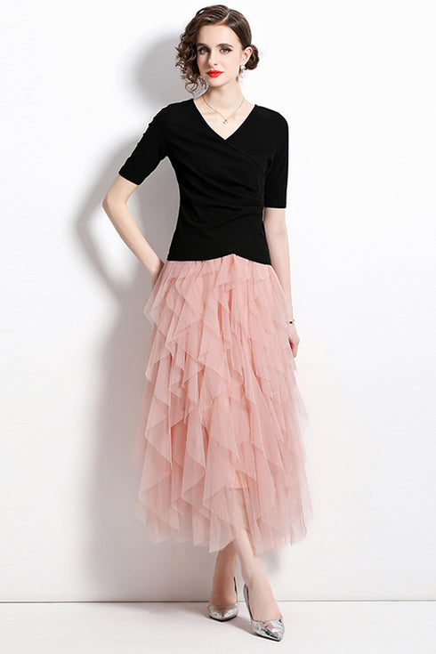 Runway Fashion 2-Pcs V-Neck Top With Cascading Ruffled Ankle Length A-line Skirt Dress