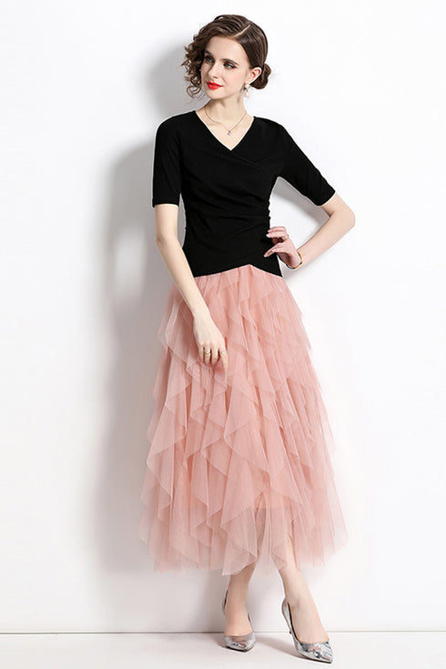 Runway Fashion 2-Pcs V-Neck Top With Cascading Ruffled Ankle Length A-line Skirt Dress