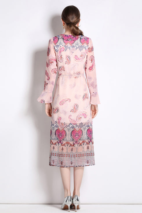 Elegantly Gorgeous French Style Ruffled V-Neck, Women's Elegant Pink Floral, Long Sleeve Office, Holiday, Party Dress