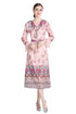 Elegantly Gorgeous French Style Ruffled V-Neck, Women's Elegant Pink Floral, Long Sleeve Office, Holiday, Party Dress