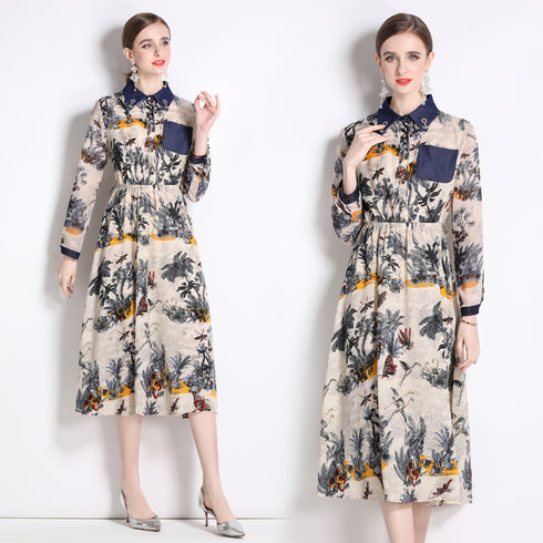 Vintage French Style Collared Beige & Navy Tropical Print Dress