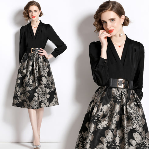 Runway Fashion Divine Jacquard A-Line, V-Neck, Long Sleeve, Belted Renaissance Party, Prom, Wedding Guest Dress