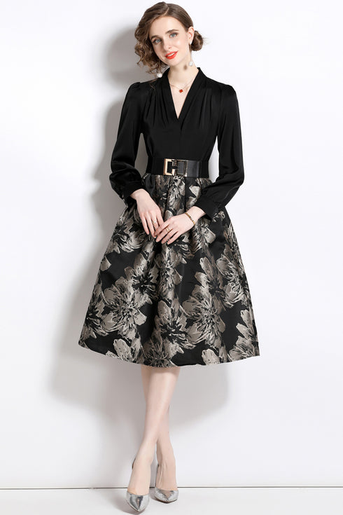 Runway Fashion Divine Jacquard A-Line, V-Neck, Long Sleeve, Belted Renaissance Party, Prom, Wedding Guest Dress