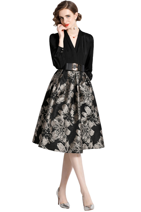 Runway Fashion Divine Jacquard A-Line, V-Neck, Long Sleeve, Belted Renaissance Party, Prom, Wedding Guest Dress