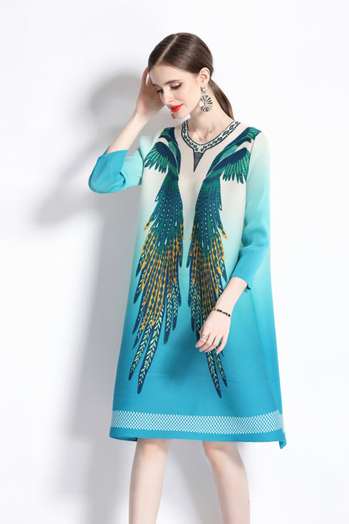 Harmonious Glowing Fall Fashion Feather Gradient Printed Round Neck, Pleated & Stretchable Free Size Vintage Women Dress