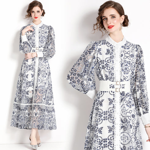 Runway Fashion Elegant Long Lace Dress, Stand Collar, Long Lantern Sleeve, Belted Office, Party, Festive, Wedding Guest Dress