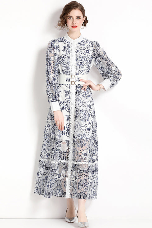 Runway Fashion Elegant Long Lace Dress, Stand Collar, Long Lantern Sleeve, Belted Office, Party, Festive, Wedding Guest Dress